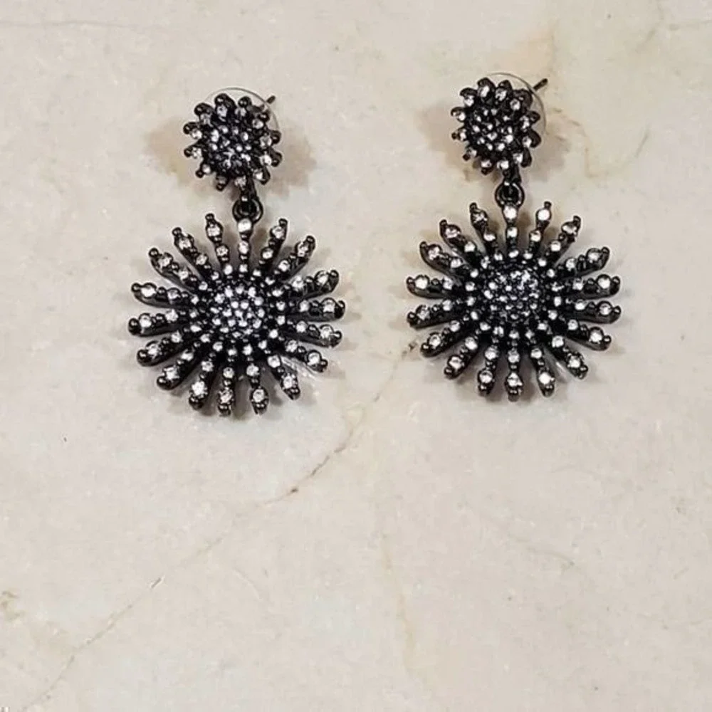 Lucky Brand Gunmetal‎ Sunburst Crystal Drop Earrings Celestial Statement Dangle